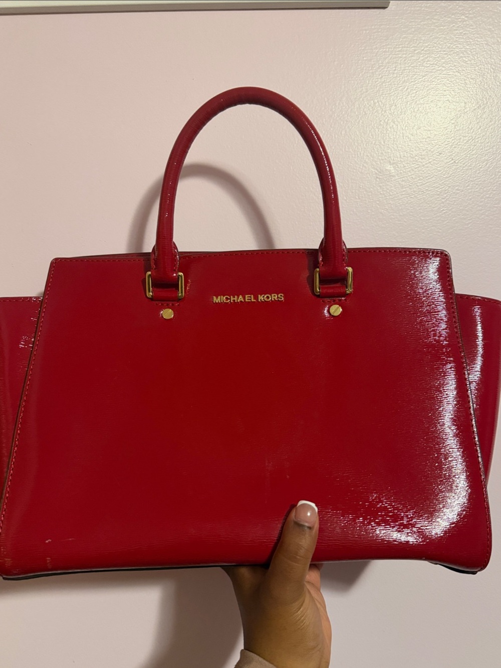 Michael Kors Red Patent Satchel with Gold Hardware